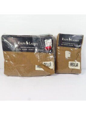 Ralph Lauren Vtg Full FItted Sheet 2 Pillowcases Cotton Flannel Light Brown Tan